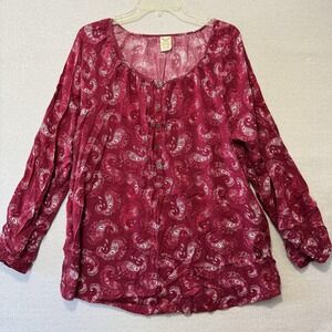Faded Glory Blouse Womens XXL Red Paisley Long Sleeve Scoop Neck Boho Tunic Top